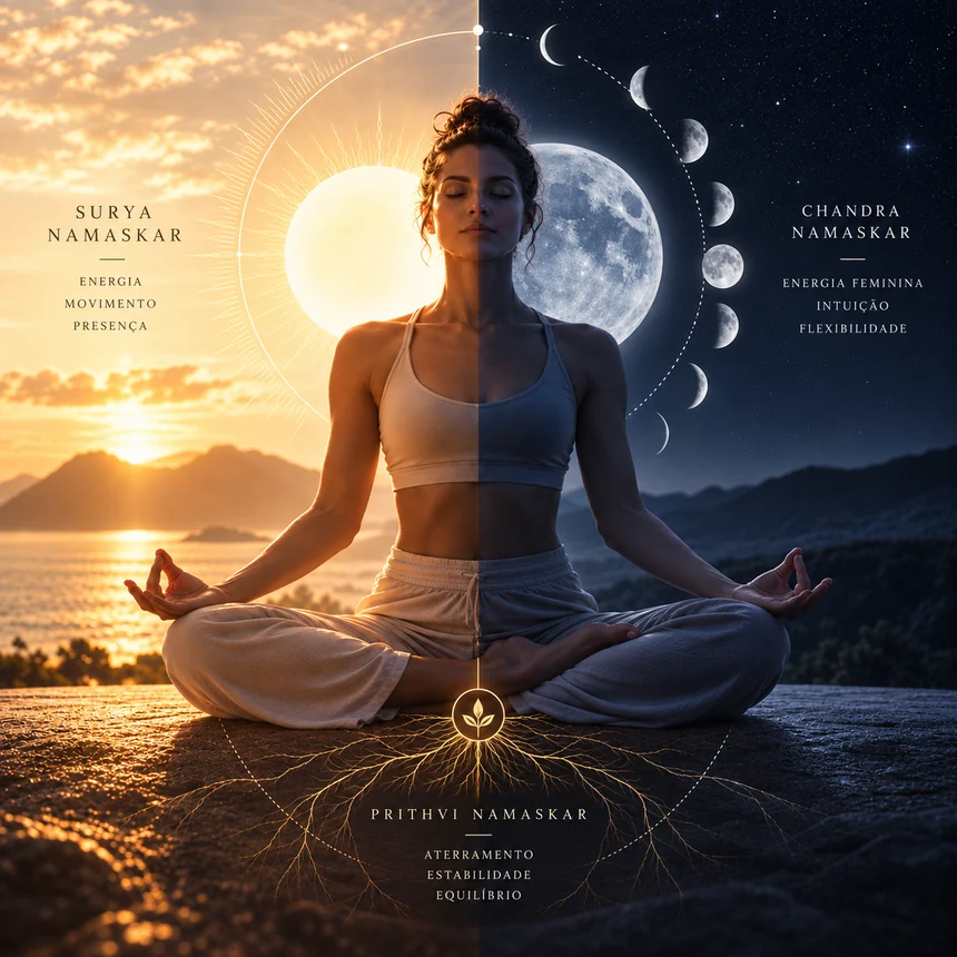 Praticante em meditação entre o sol nascente e a lua, com raízes de luz descendo até a terra.